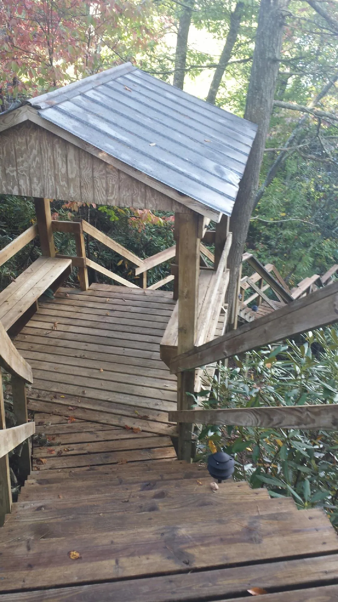 Metal roofed shelter over wooden steps on a wooded walkway — Skylight Repair & Installation work by our crew in Jamesville